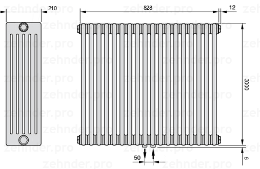 Схема (чертеж) Радиатор Zehnder Charleston 6300/18 №5410 Белый глянцевый RAL 9016